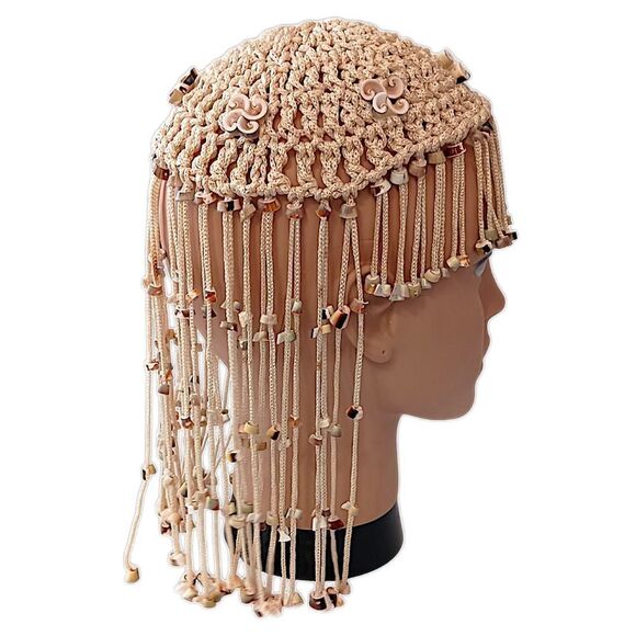 Vtg 70s Macrame Crown Headpiece Cowrie Shell Flapper Seashell Bohemian Cleopatra main image 12